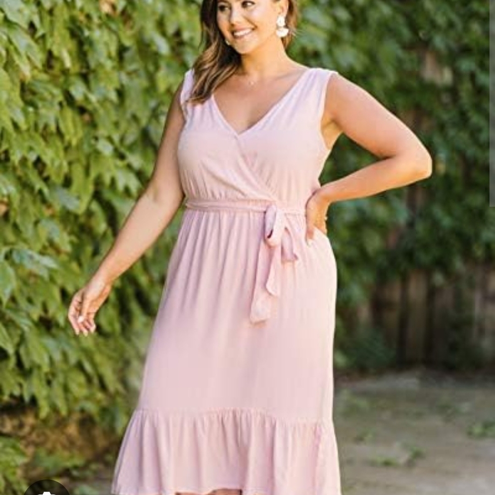 NWT. Sleeveless, Surplice Front, Belted Midi Dress, Pink, Small